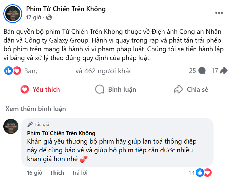 Bài viết được đăng tải trên fanpage của phim Tử Chiến Trên Không